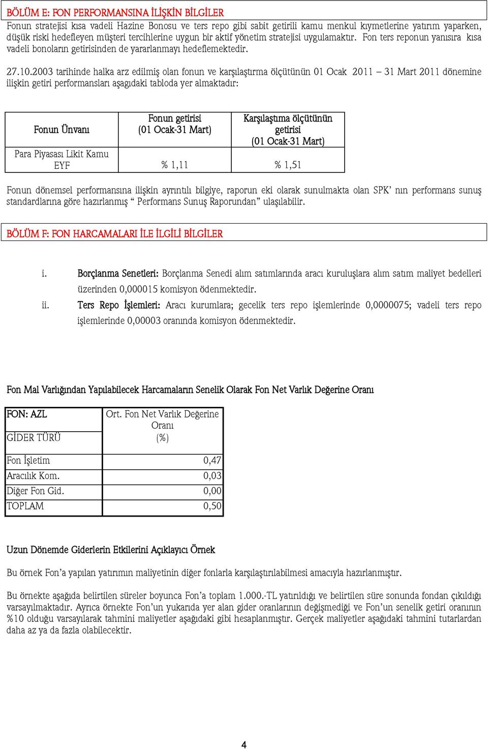 2003 tarihinde halka arz edilmiş olan fonun ve karşılaştırma ölçütünün 01 Ocak 2011 31 Mart 2011 dönemine ilişkin getiri performansları aşagıdaki tabloda yer almaktadır: Fonun Ünvanı Fonun getirisi