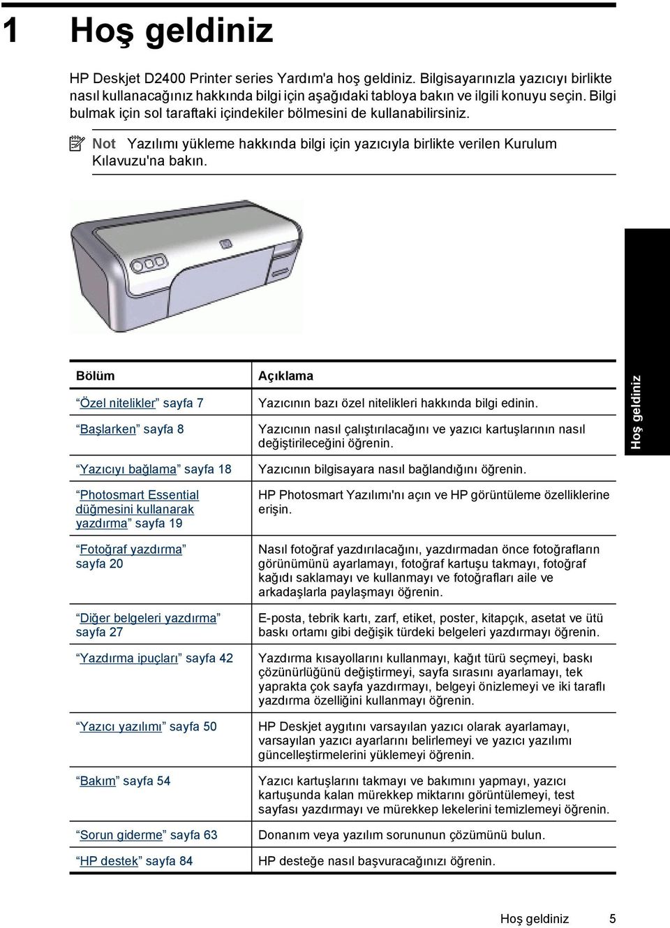 Bölüm Özel nitelikler sayfa 7 Başlarken sayfa 8 Yazıcıyı bağlama sayfa 18 Photosmart Essential düğmesini kullanarak yazdırma sayfa 19 Fotoğraf yazdırma sayfa 20 Diğer belgeleri yazdırma sayfa 27
