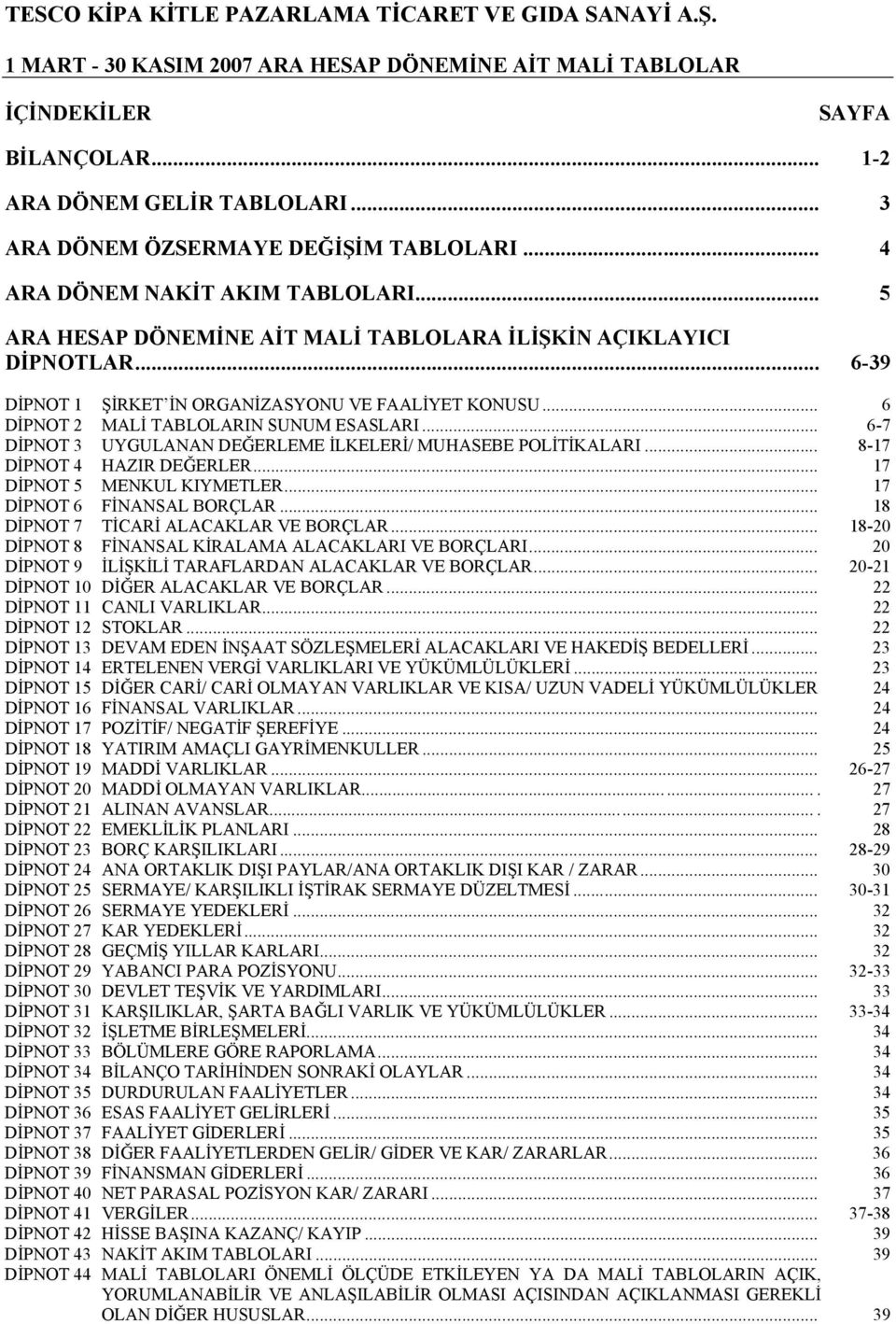 .. 6-7 DİPNOT 3 UYGULANAN DEĞERLEME İLKELERİ/ MUHASEBE POLİTİKALARI... 8-17 DİPNOT 4 HAZIR DEĞERLER... 17 DİPNOT 5 MENKUL KIYMETLER... 17 DİPNOT 6 FİNANSAL BORÇLAR.