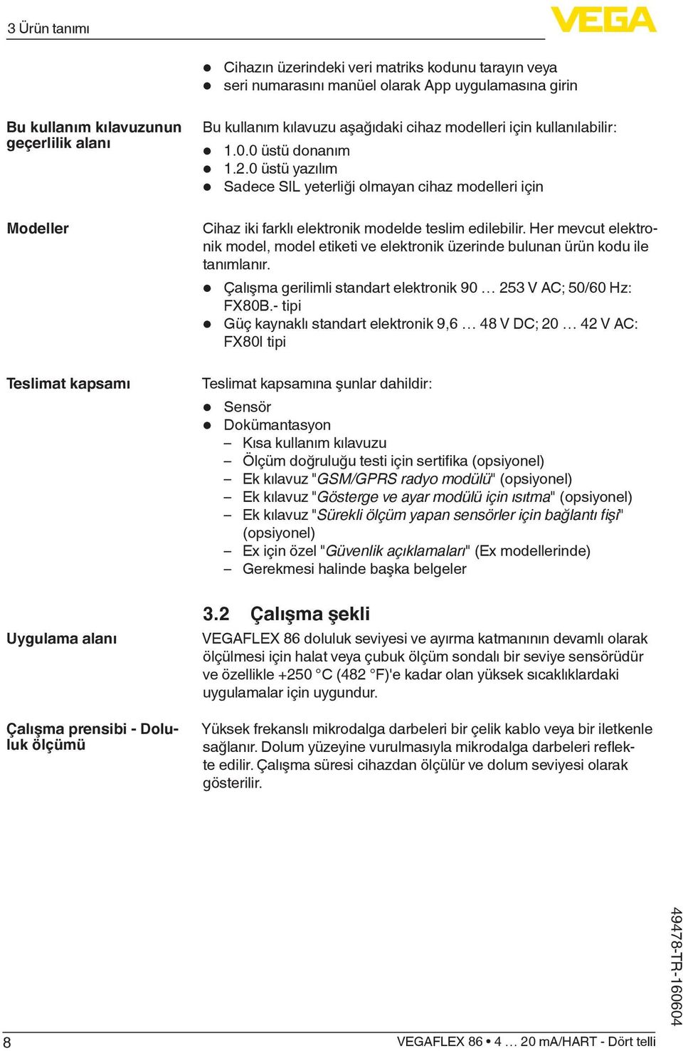 Her mevcut elektronik model, model etiketi ve elektronik üzerinde bulunan ürün kodu ile tanımlanır. Çalışma gerilimli standart elektronik 90 253 V AC; 50/60 Hz: FX80B.