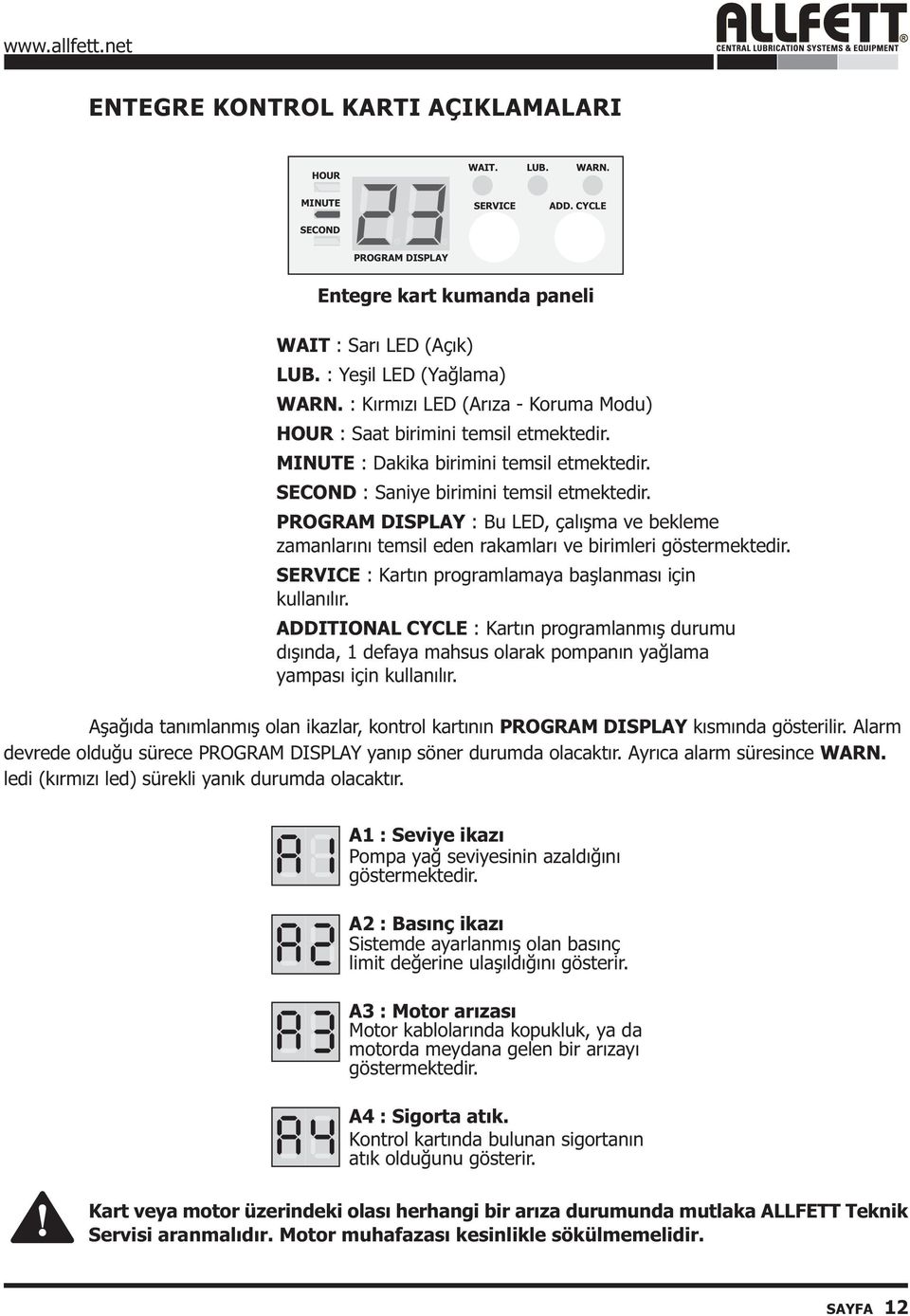 PROGRAM DISPLAY : Bu LED, çalýþma ve bekleme zamanlarýný temsil eden rakamlarý ve birimleri göstermektedir. SERVICE : Kartýn programlamaya baþlanmasý için kullanýlýr.