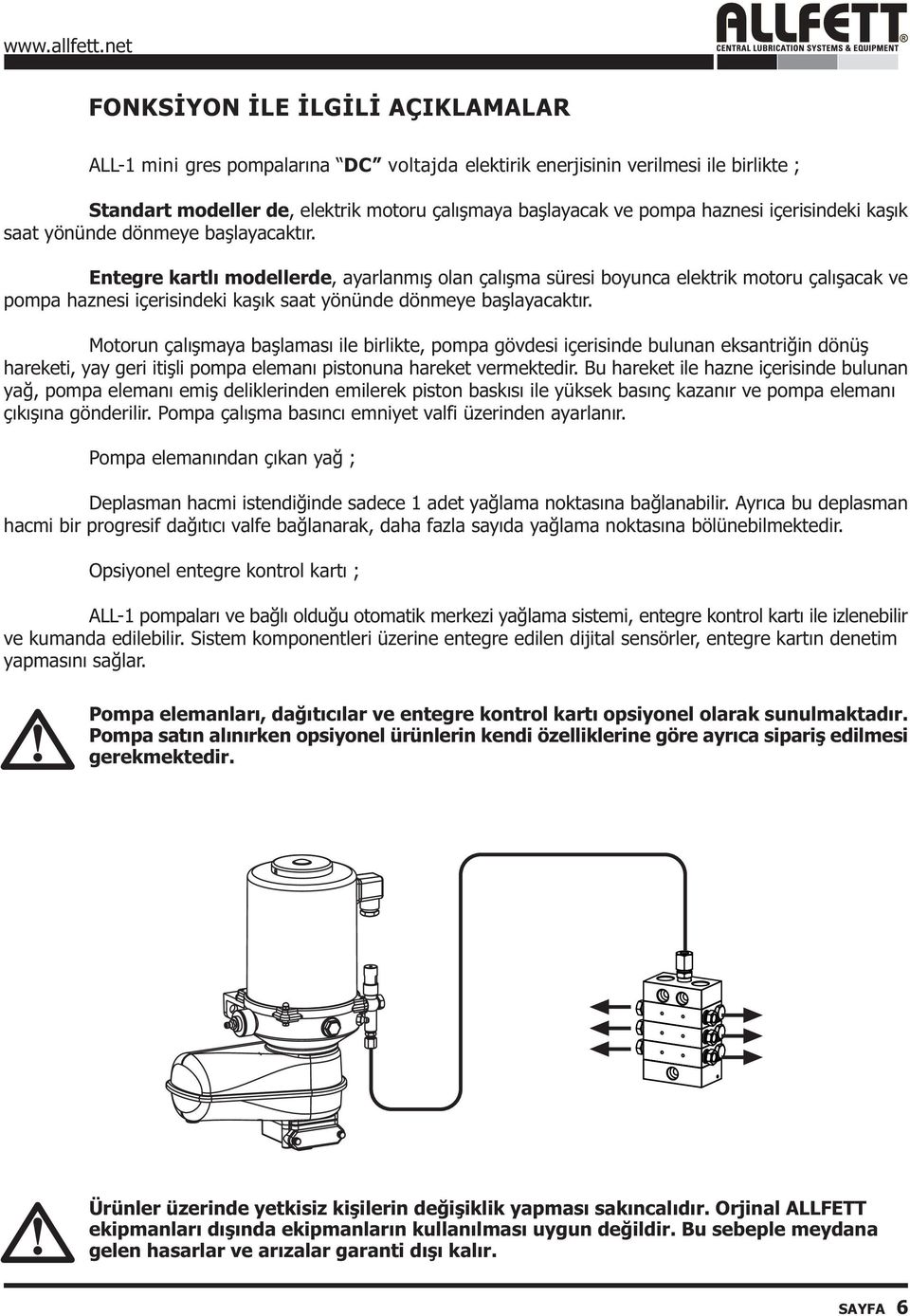 Entegre kartlý modellerde, ayarlanmýþ olan çalýþma süresi boyunca elektrik motoru çalýþacak ve pompa haznesi  Motorun çalýþmaya baþlamasý ile birlikte, pompa gövdesi içerisinde bulunan eksantriðin