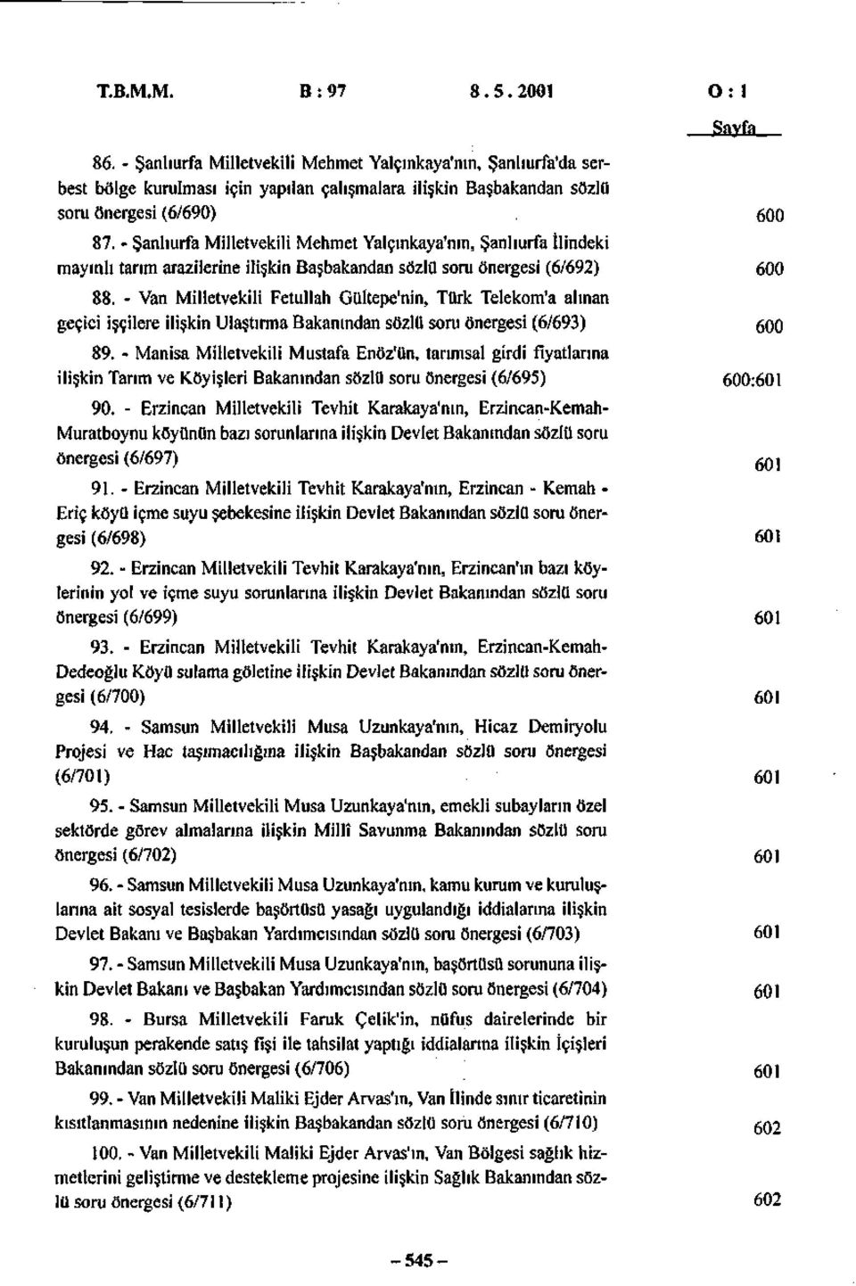 - Şanlıurfa Milletvekili Mehmet Yalçınkaya'nın, Şanlıurfa İlindeki mayınlı tarım arazilerine ilişkin Başbakandan sözlü soru önergesi (6/692) 600 88.