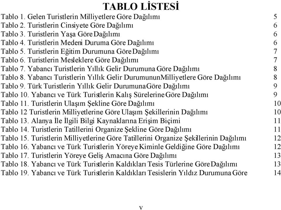 Yabancı Turistlerin Yıllık Gelir Durumuna Göre Dağılımı 8 Tablo 8. Yabancı Turistlerin Yıllık Gelir Durumunun Milliyetlere Göre Dağılımı 8 Tablo 9.