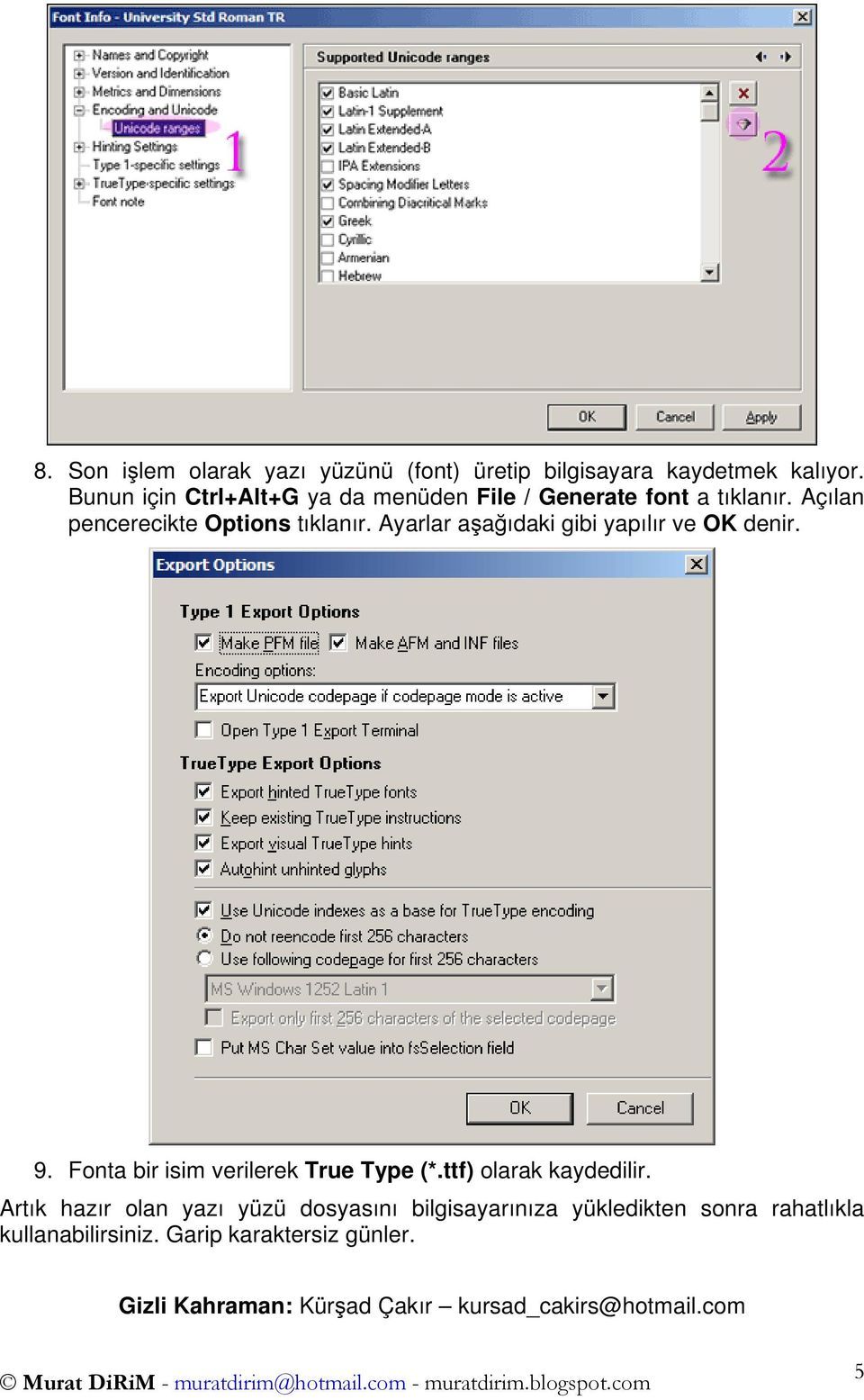 Ayarlar aşağıdaki gibi yapılır ve OK denir. 9. Fonta bir isim verilerek True Type (*.ttf) olarak kaydedilir.