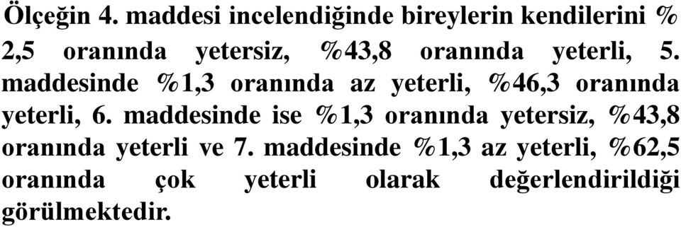 oranında yeterli, 5. maddesinde %1,3 oranında az yeterli, %46,3 oranında yeterli, 6.