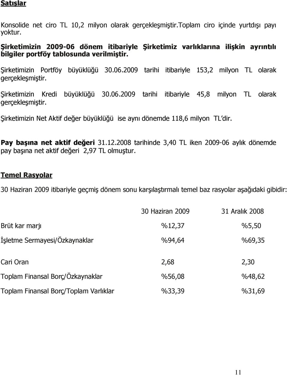 Şirketimizin Kredi büyüklüğü 30.06.2009 tarihi itibariyle 45,8 milyon TL olarak gerçekleşmiştir. Şirketimizin Net Aktif değer büyüklüğü ise aynı dönemde 118,6 milyon TL dir.