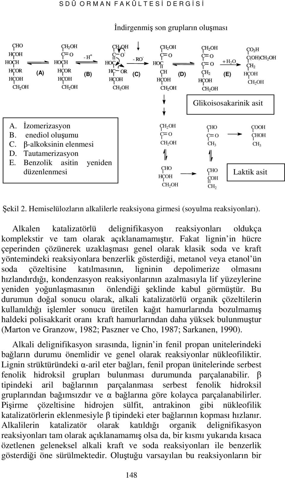 Benzolik asitin yeniden düzenlenmesi C O CHO HCOH CHO C O CH 3 CHO COH CH 2 COOH CHOH CH 3 Laktik asit Şekil 2. Hemiselülozların alkalilerle reaksiyona girmesi (soyulma reaksiyonları).