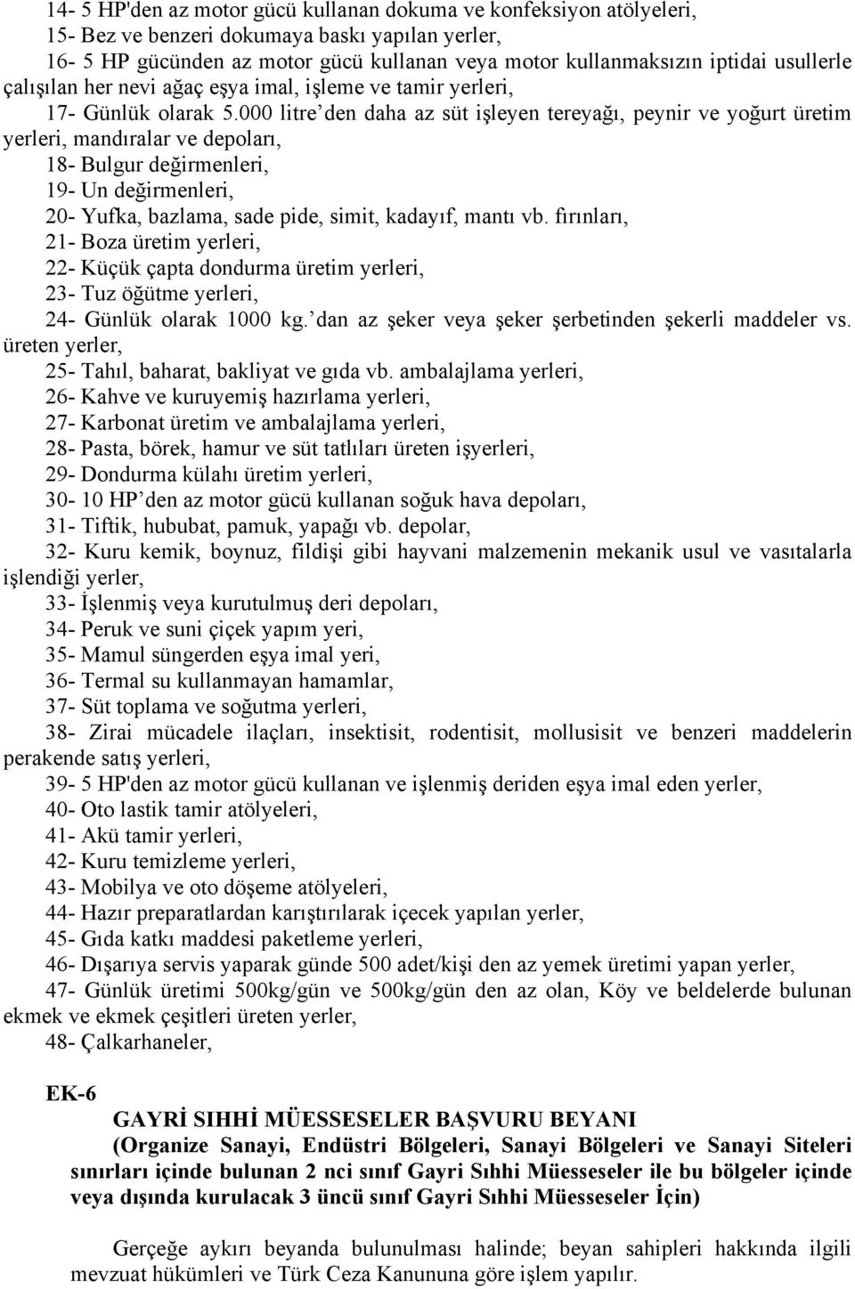 000 litre den daha az süt işleyen tereyağı, peynir ve yoğurt üretim yerleri, mandıralar ve depoları, 18- Bulgur değirmenleri, 19- Un değirmenleri, 20- Yufka, bazlama, sade pide, simit, kadayıf, mantı