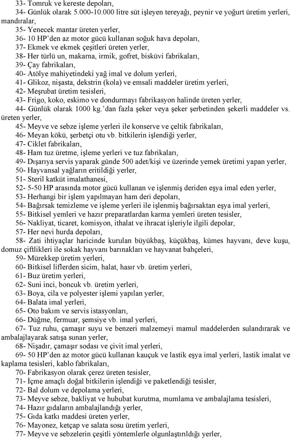 üreten yerler, 38- Her türlü un, makarna, irmik, gofret, bisküvi fabrikaları, 39- Çay fabrikaları, 40- Atölye mahiyetindeki yağ imal ve dolum yerleri, 41- Glikoz, nişasta, dekstrin (kola) ve emsali