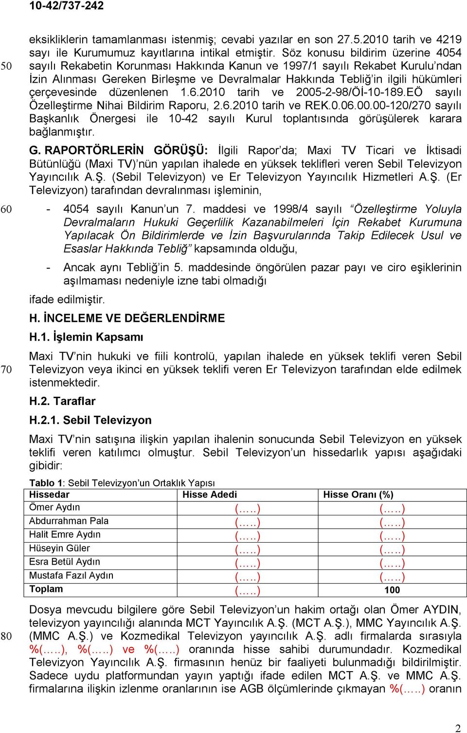 çerçevesinde düzenlenen 1.6.2010 tarih ve 2005-2-98/Öİ-10-189.EÖ sayılı Özelleştirme Nihai Bildirim Raporu, 2.6.2010 tarih ve REK.0.06.00.00-120/270 sayılı Başkanlık Önergesi ile 10-42 sayılı Kurul toplantısında görüşülerek karara bağlanmıştır.