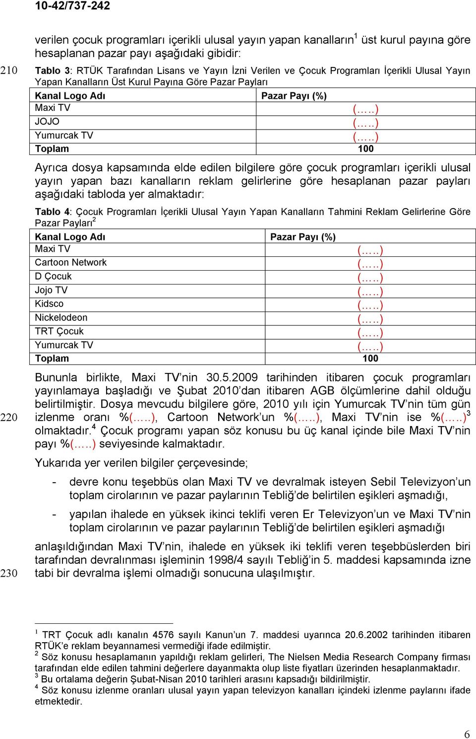 bilgilere göre çocuk programları içerikli ulusal yayın yapan bazı kanalların reklam gelirlerine göre hesaplanan pazar payları aşağıdaki tabloda yer almaktadır: Tablo 4: Çocuk Programları İçerikli