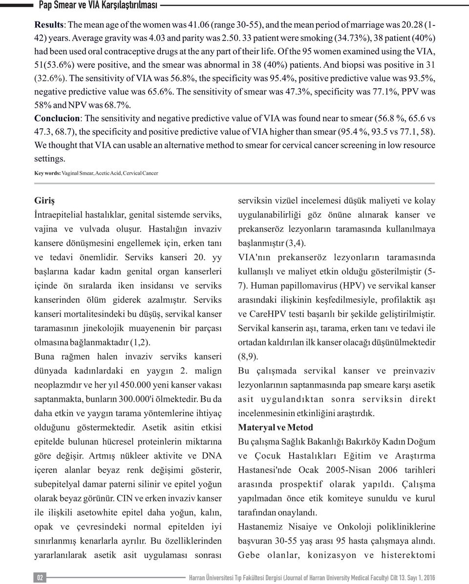 6%) were positive, and the smear was abnormal in 38 (40%) patients. And biopsi was positive in 31 (32.6%). The sensitivity of VIA was 56.8%, the specificity was 95.