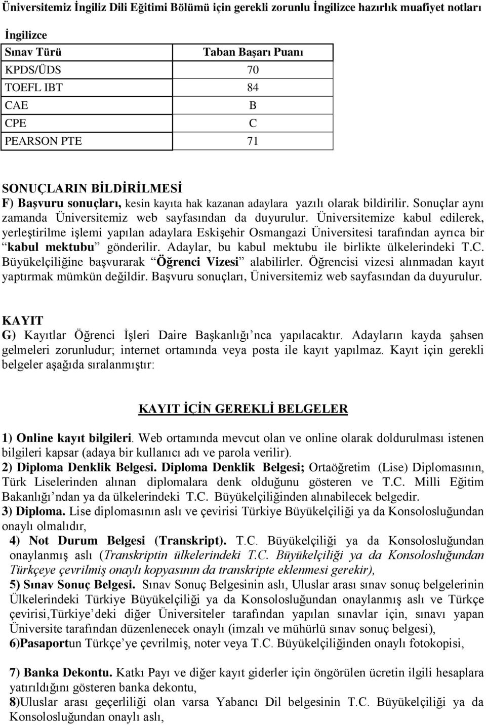 Üniversitemize kabul edilerek, yerleştirilme işlemi yapılan adaylara Eskişehir Osmangazi Üniversitesi tarafından ayrıca bir kabul mektubu gönderilir.
