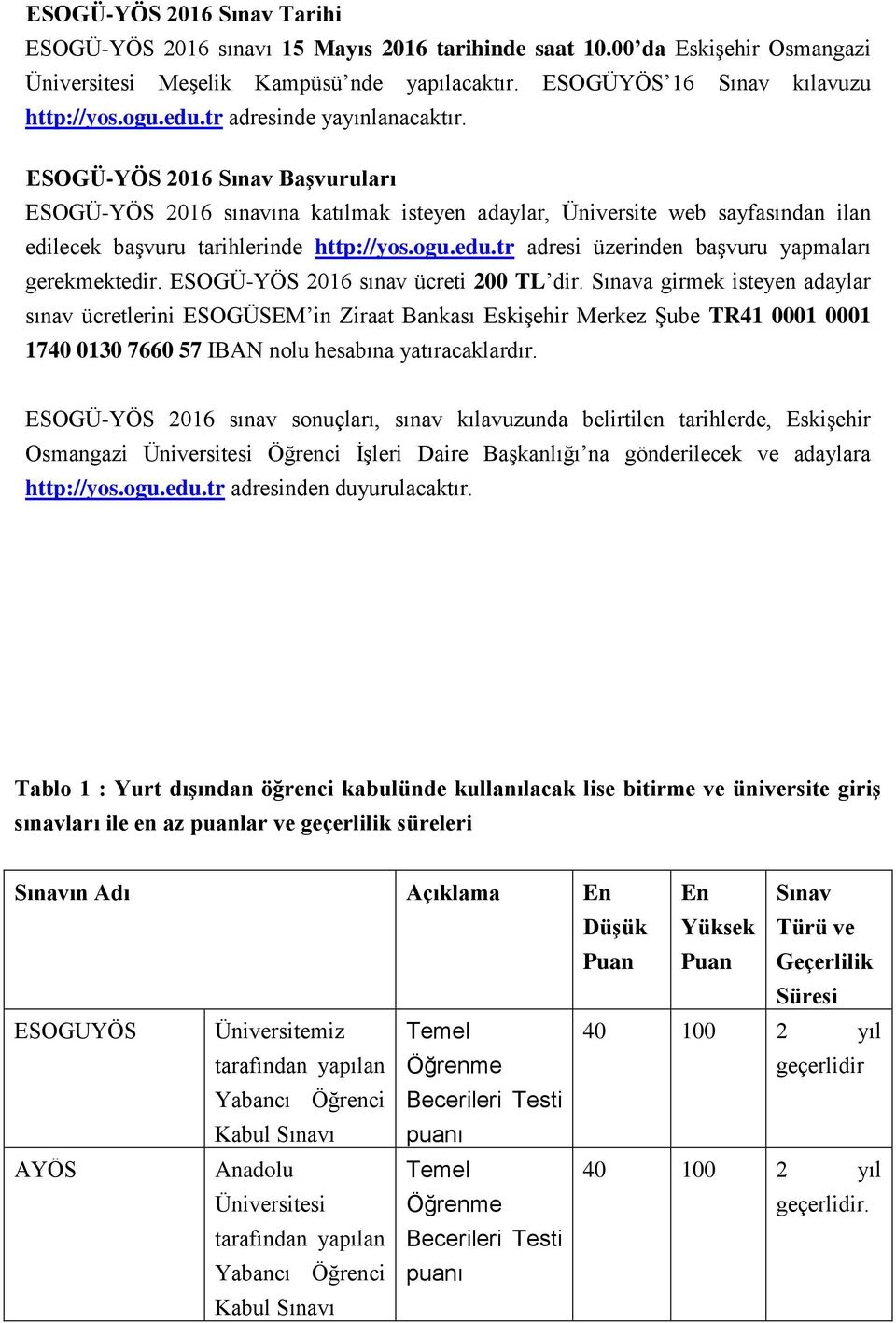 tr adresi üzerinden başvuru yapmaları gerekmektedir. ESOGÜ-YÖS 2016 sınav ücreti 200 TL dir.