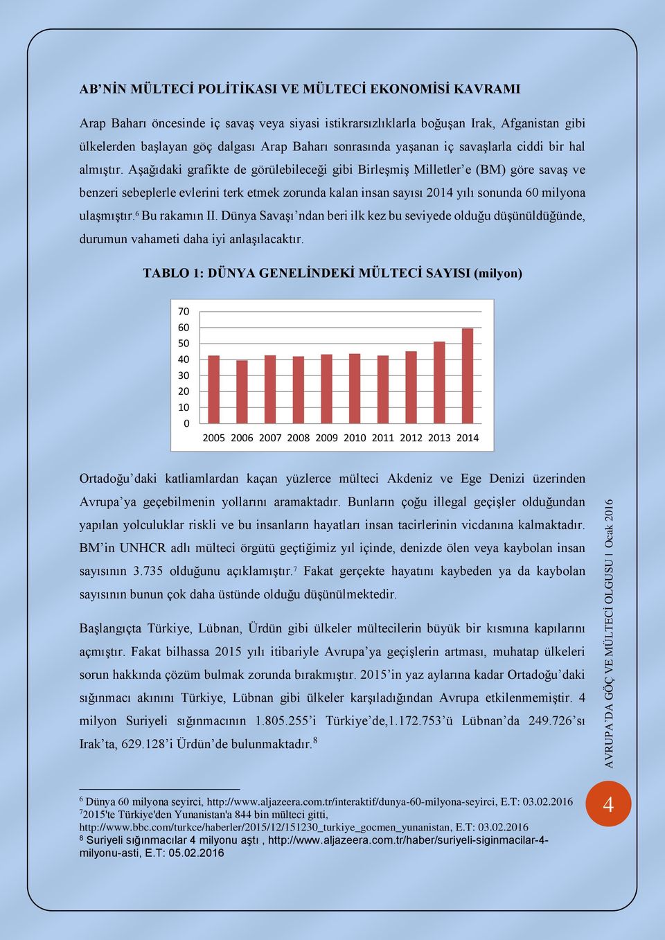 Aşağıdaki grafikte de görülebileceği gibi Birleşmiş Milletler e (BM) göre savaş ve benzeri sebeplerle evlerini terk etmek zorunda kalan insan sayısı 2014 yılı sonunda 60 milyona ulaşmıştır.