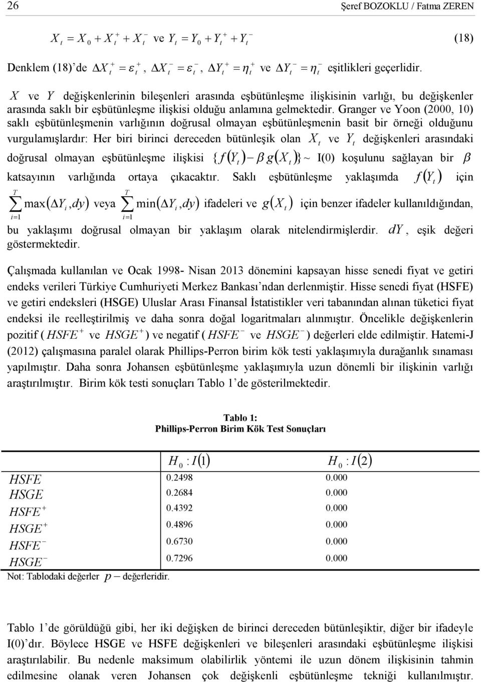 Granger ve Yoon (2000, 10) saklı eşbüünleşmenn varlığının doğrusal olmayan eşbüünleşmenn bas br örneğ olduğunu vurgulamışlardır: Her br brnc dereceden büünleşk olan X ve Y değşkenler arasındak