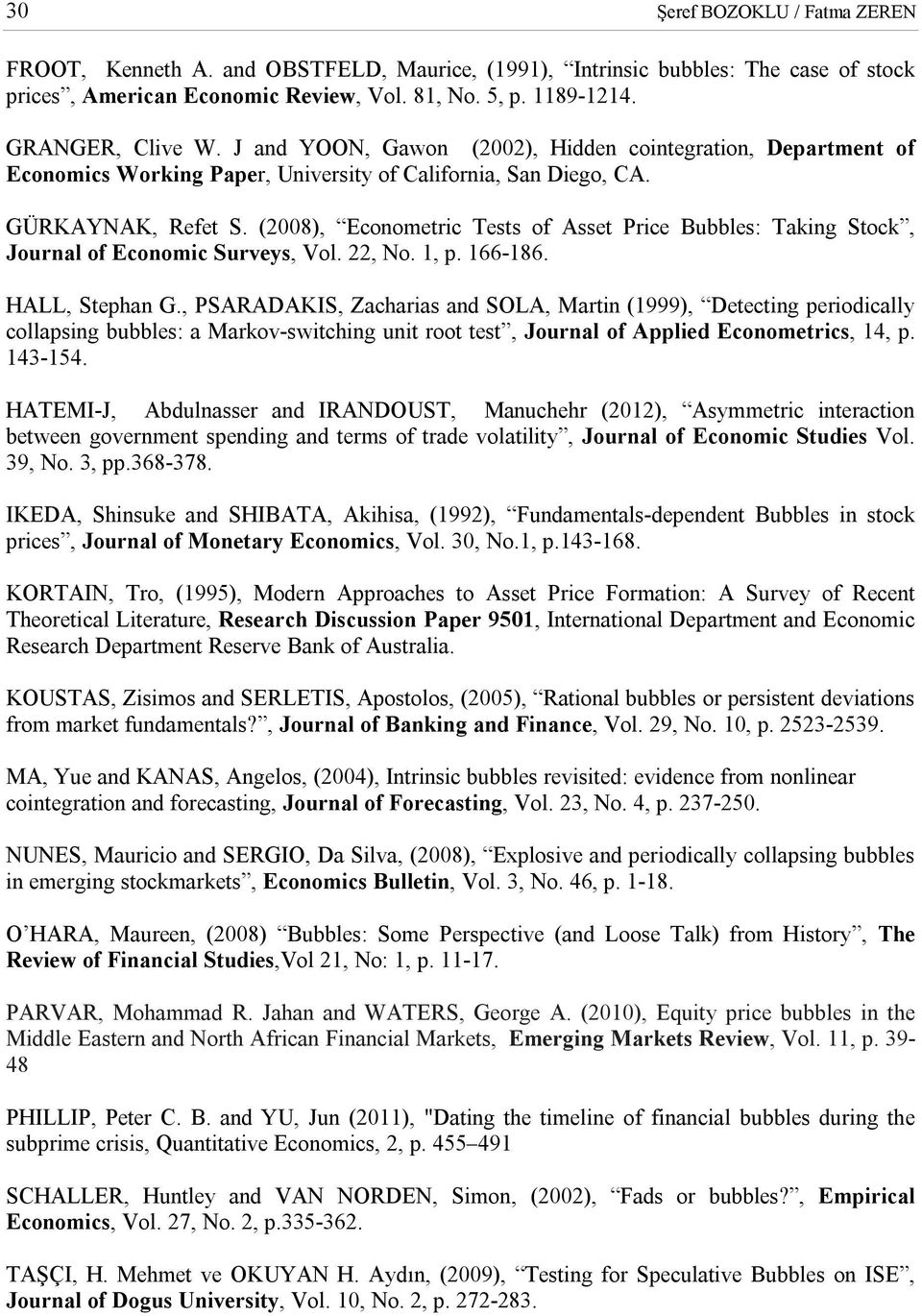 (2008), Economerc Tess of Asse Prce Bubbles: Takng Sock, Journal of Economc Surveys, Vol. 22, No. 1, p. 166-186. HALL, Sephan G.