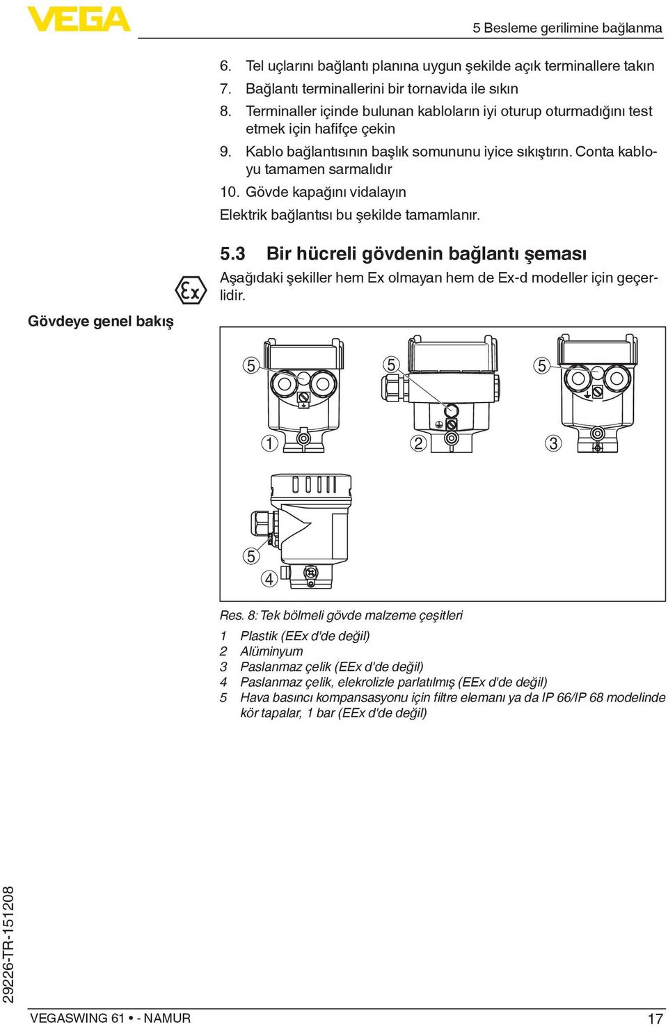 Gövde kapağını vidalayın Elektrik bağlantısı bu şekilde tamamlanır. Gövdeye genel bakış 5.3 Bir hücreli gövdenin bağlantı şeması Aşağıdaki şekiller hem Ex olmayan hem de Ex-d modeller için geçerlidir.