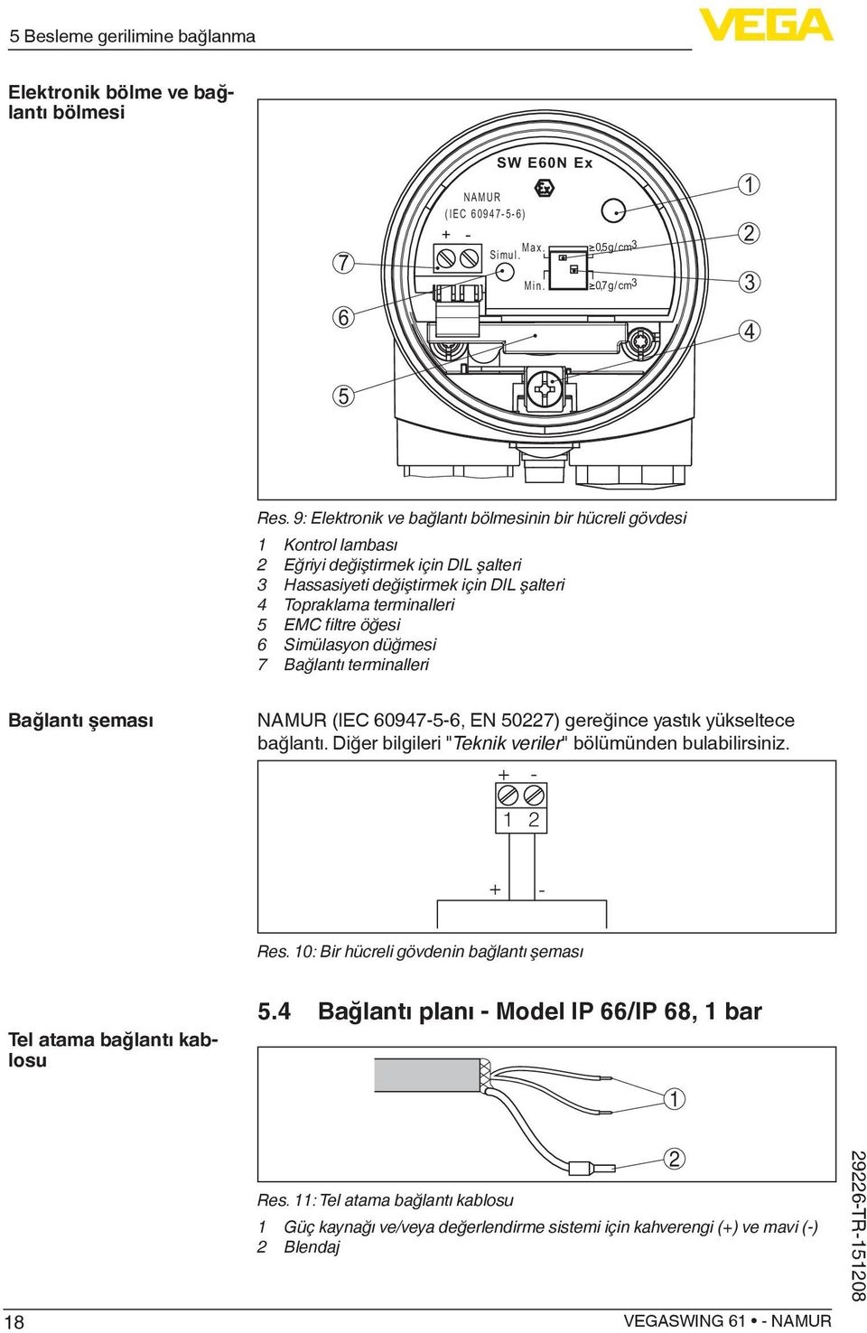 öğesi 6 Simülasyon düğmesi 7 Bağlantı terminalleri Bağlantı şeması NAMUR (IEC 60947-5-6, EN 50227) gereğince yastık yükseltece bağlantı. Diğer bilgileri "Teknik veriler" bölümünden bulabilirsiniz.