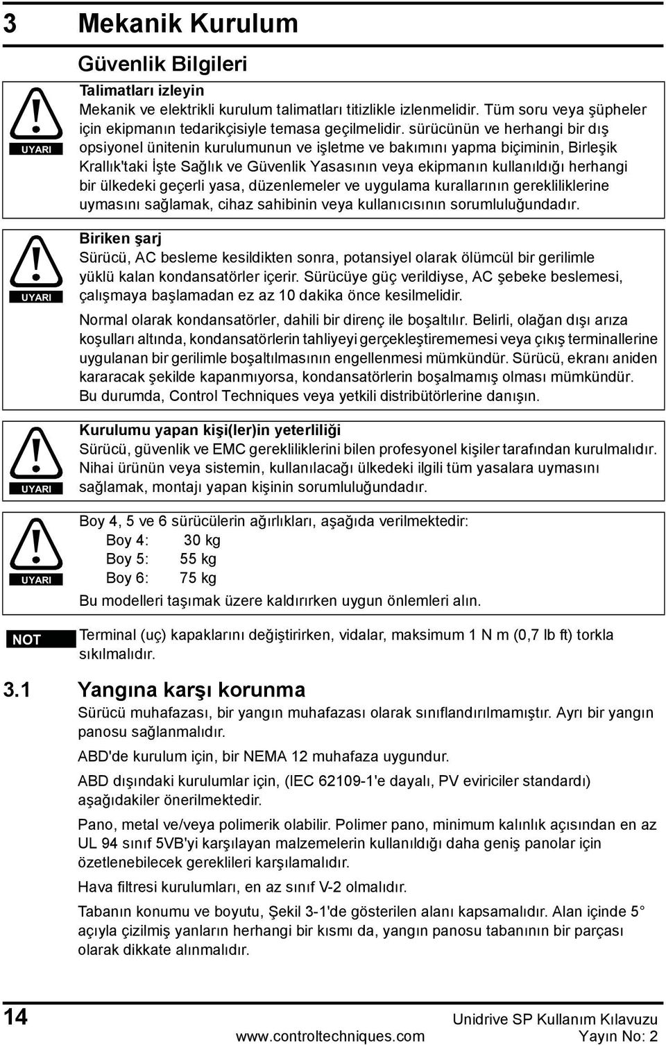 sürücünün ve herhangi bir dış opsiyonel ünitenin kurulumunun ve işletme ve bakımını yapma biçiminin, Birleşik Krallık'taki İşte Sağlık ve Güvenlik Yasasının veya ekipmanın kullanıldığı herhangi bir