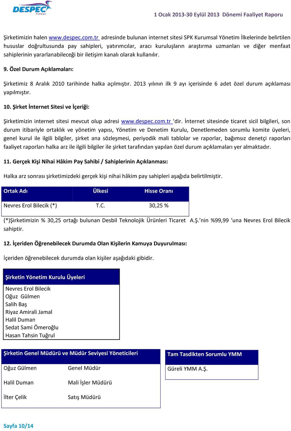 sahiplerinin yararlanabileceği bir iletişim kanalı olarak kullanılır. 9. Özel Durum Açıklamaları: Şirketimiz 8 Aralık 2010 tarihinde halka açılmıştır.