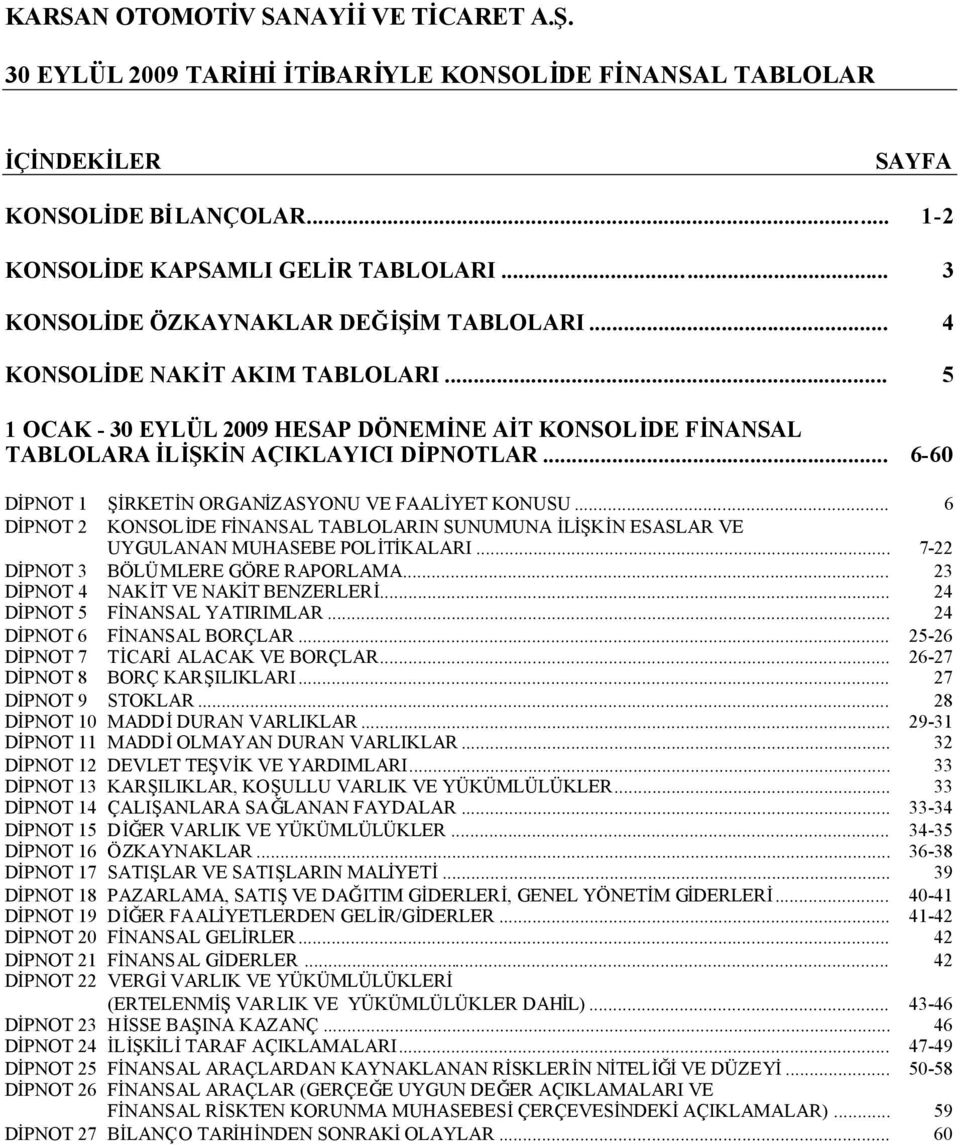 .. 6 DİPNOT 2 KONSOLİDE FİNANSAL TABLOLARIN SUNUMUNA İLİŞKİN ESASLAR VE UYGULANAN MUHASEBE POLİTİKALARI... 7-22 DİPNOT 3 BÖLÜMLERE GÖRE RAPORLAMA... 23 DİPNOT 4 NAKİT VE NAKİT BENZERLERİ.