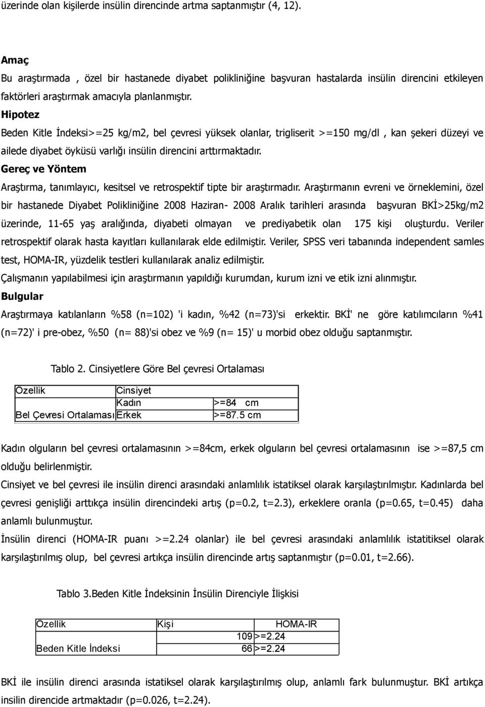 Hipotez Beden Kitle İndeksi>=25 kg/m2, bel çevresi yüksek olanlar, trigliserit >=150 mg/dl, kan şekeri düzeyi ve ailede diyabet öyküsü varlığı insülin direncini arttırmaktadır.