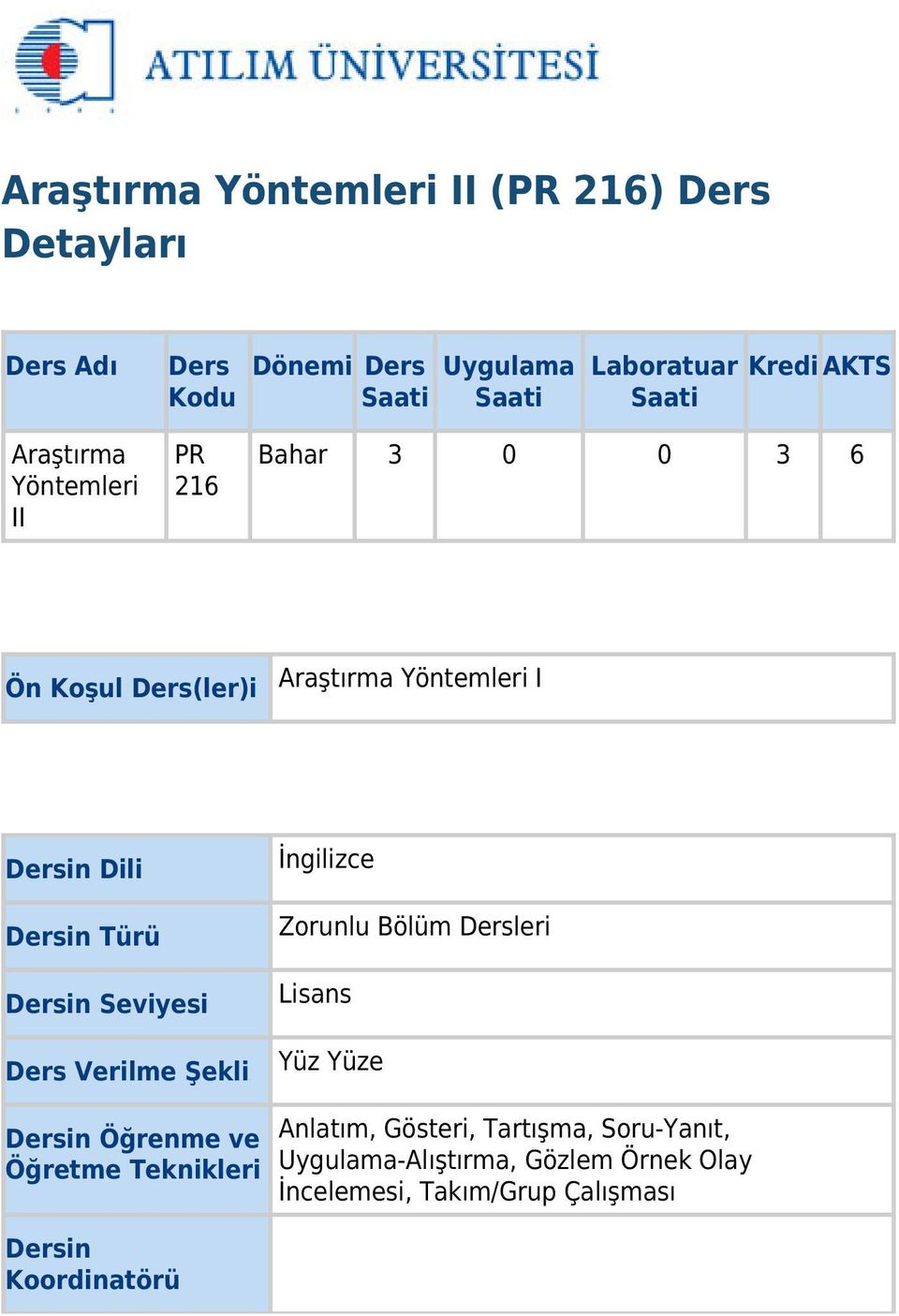 Dersin Seviyesi Ders Verilme Şekli İngilizce Zorunlu Bölüm Dersleri Lisans Yüz Yüze Dersin Öğrenme ve Öğretme Teknikleri