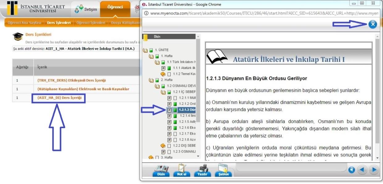 Şekil 13. Ders Ana Sayfası Ders Listesi üzerinden seçilen bir dersin ana sayfasında, öğrencinin dersle ilgili tüm işlemlerini gerçekleştirebileceği ekranlara erişimleri içeren bağlantılar bulunur.