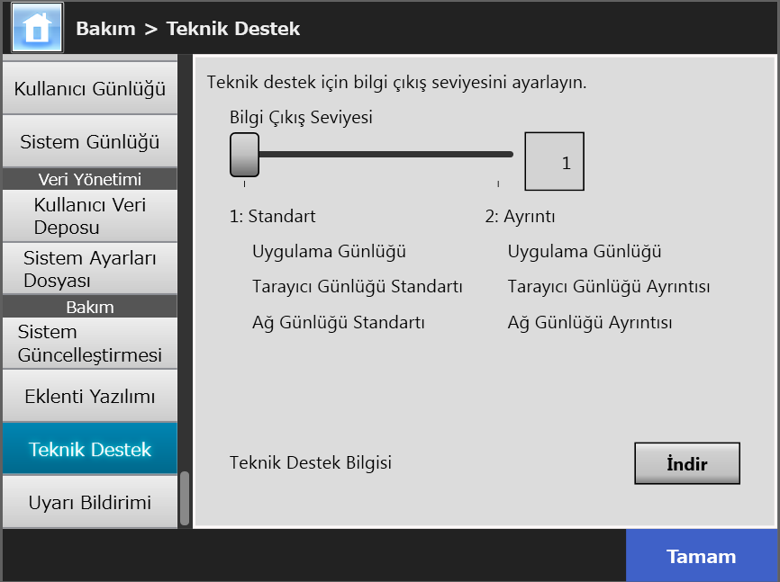 4.17 Sistem Bakımı 4.17.5 Teknik Destek Alma Tarayıcı kullanılırken veya ayarları yapılırken herhangi bir sorun ortaya çıkarsa, sorunun çıkış sebebinin ne olduğunu belirlemeye yardımcı olmak için