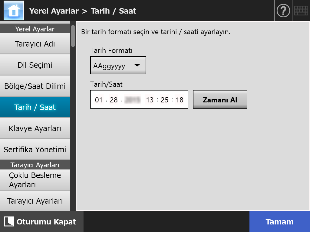 4.4 Sistemi Yapılandırma 4.4.4 Tarih/Saat Kurma Touch Panel Central Admin Console 1.