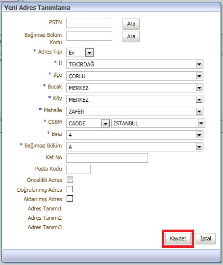 Açılan Yeni Adres Tanımlama penceresinde doldurulması zorunlu