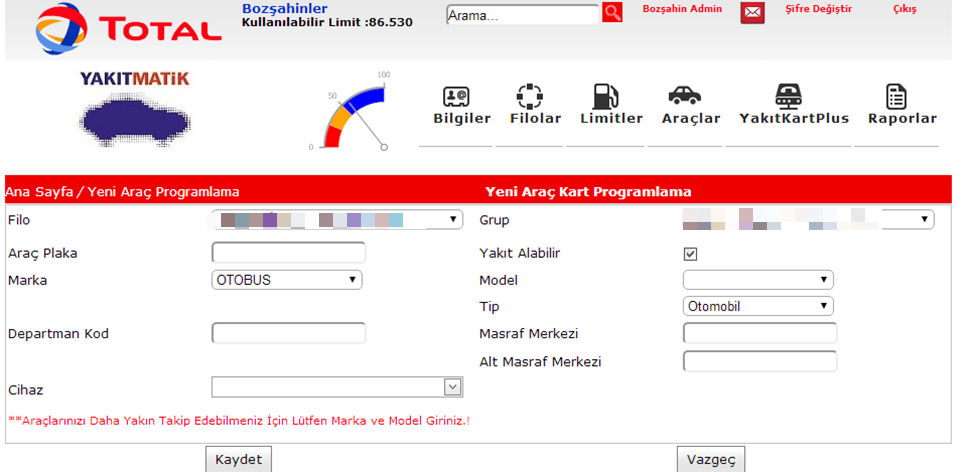 7. YAKITKARTMATIK VE YAKITKARTPLUS YAKITKARTPLUS, Yeni Araç İçin Var Olan Araç İçin Atanmış Cihazlar sayfaları bulunmaktadır. 7.