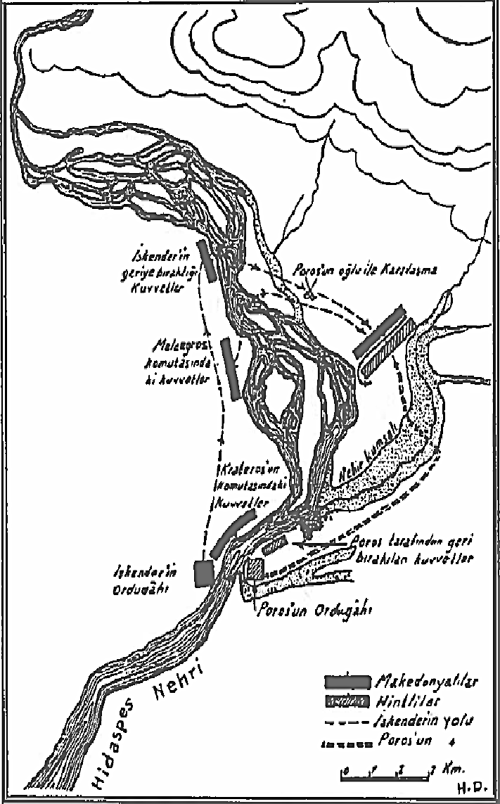 Büyük İskender Hindistan da 511 Harita 2. Büyük İskender in Poros la Yaptığı Muharebeyi Açıklayan Kroki. Kaynak: Arif Müfid Mansel, Ege ve Yunan Tarihi, s.