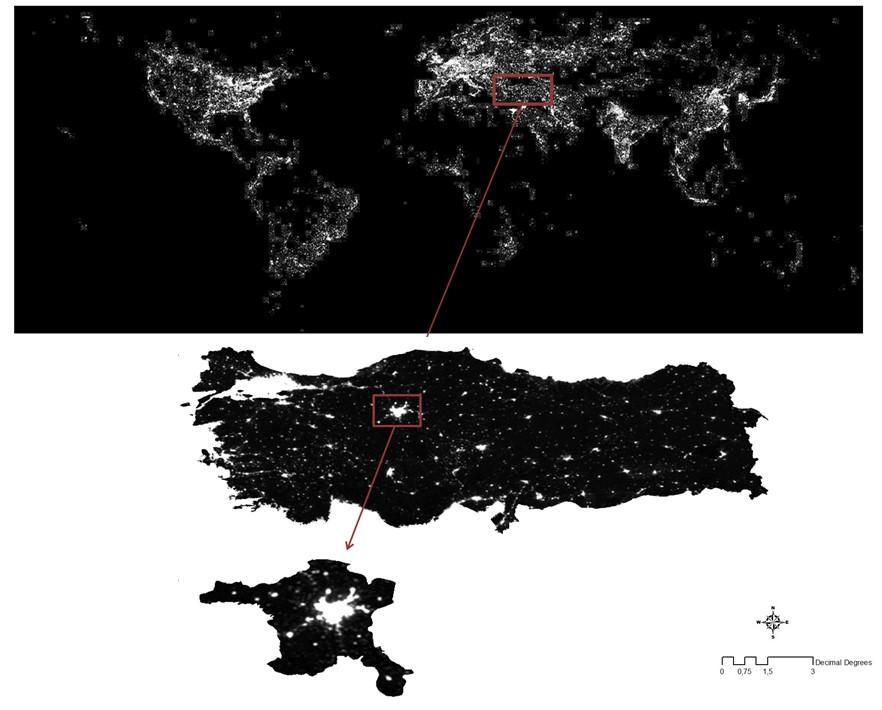 Şekilde, DMSP tarafından kaydedilen global ışık haritası görülmektedir. Bu harita, aslında global koordinat sistemine göre ölçeklendirilmiş yüksek çözünürlüklü bir fotoğraftır. Fotoğraftaki, her 0.