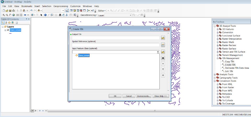 anlatıldığı gibi). 6. Input Feature Class kısmını tıklayıp, açmış olduğunuz sayısal eş yükseklik verisi olan shape dosyasının adını tıklayınız. 7.