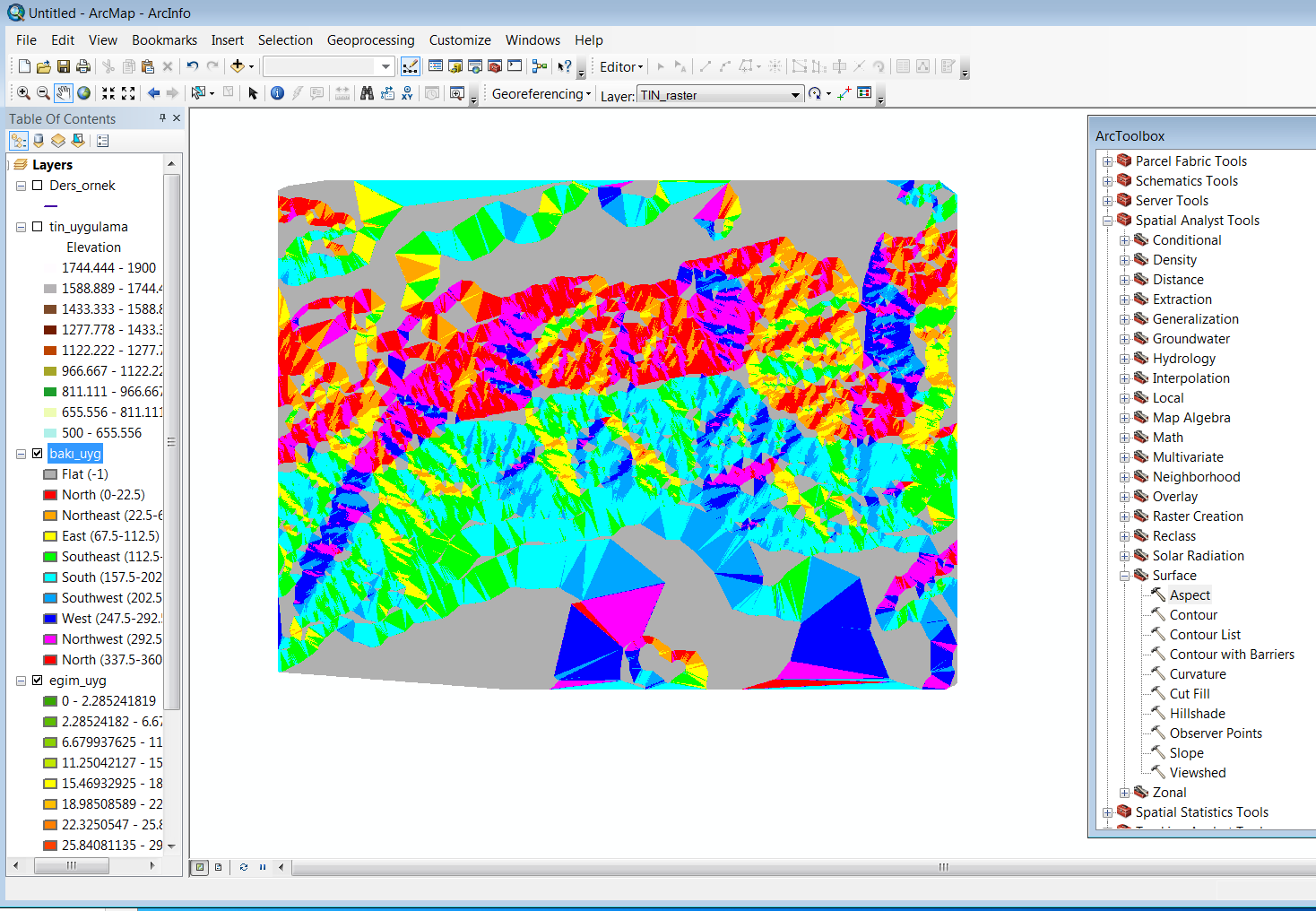 21 18. Yine ArcToolbox da Spatial Analyst Surface ve Aspect menülerini açın. Bu menü ile, yamaç yönelim haritası üretimi sağlanacaktır. Bu menüde input raster kısmına raster SYM verisini girin.