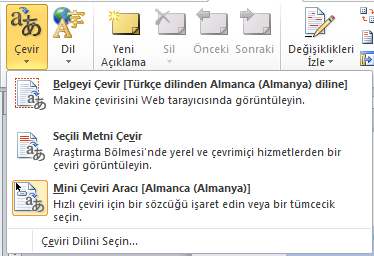 WORD 2010 Çevir Belgedeki metinler sözlükler veya makine çevirisiyle