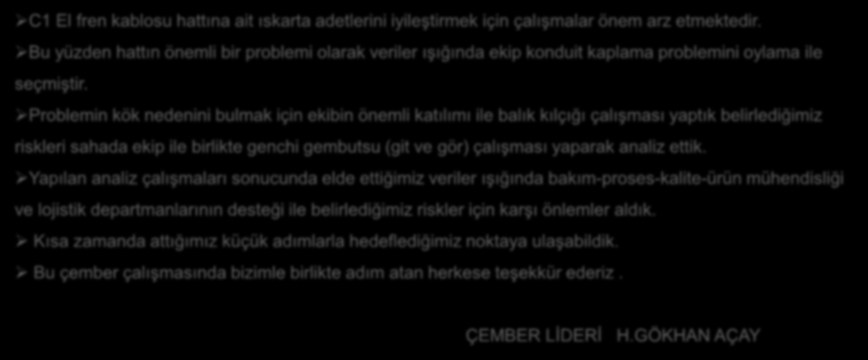 10- AKTİVİTEYİ YANSITMA C1 El fren kablosu hattına ait ıskarta adetlerini iyileştirmek için çalışmalar önem arz etmektedir.