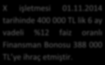 308. Menkul Kıymet İhraç Farkları (-) X işletmesi 01.02.2014 tarihinde 400 000 TL lik 6 ay vadeli %12 faiz oranlı Finansman Bonosu 390 000 TL ye ihraç etmiştir.