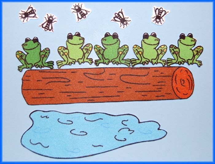 One jumped into the pool Oooh this is nice and cool Then 3 little frogs on a log. 3 little green frogs on a brown log Oooh it s hot, it s hot, it s hot, it s hot!