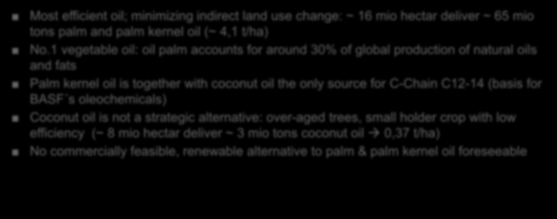 There is no alternative to palm in the oleochemistry industry Most efficient oil; minimizing indirect land use change: ~ 16 mio hectar deliver ~ 65 mio tons palm