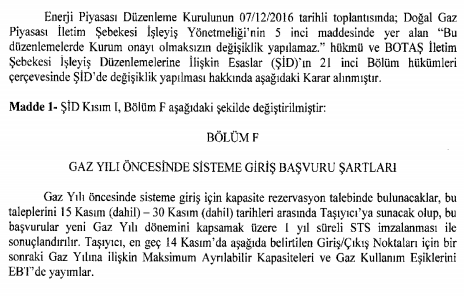 10.12.2016/ 29914 R.G. Enerji Piyasası Düzenleme Kurulunun 07/12/2016 Tarihli ve 6646 Sayılı Kararı yayımlandı. 13.12.2016/ 29917 R.G. Dağıtım Sistemindeki Kayıpların Azaltılmasına Dair Tedbirler Yönetmeliğinde Değişiklik Yapılmasına Dair Yönetmelik yayımlandı.