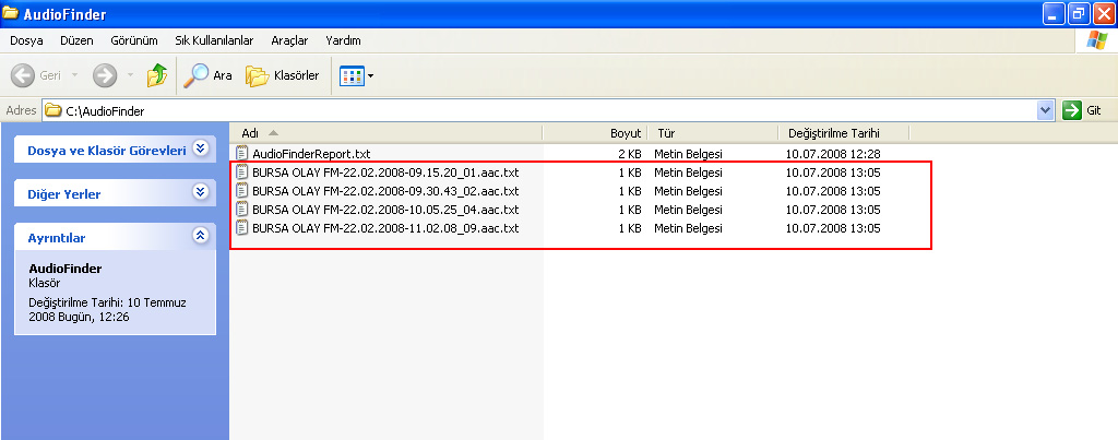 Kullanım 10: Raporlama işlemleri sonucunda masaüstünde oluşan AudioFinder isimli dizin ve