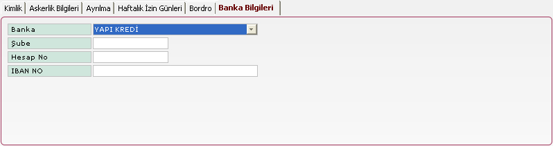 Şekil 14.25. Bordro Sekmesi Şekil 14.26. da görüntülenen Banka Bilgileri sekmesinde, personelin bordro hesaplamaları sonrasında alacağı ücretin yatırılacağı, banka hesap bilgileri görüntülenmektedir.