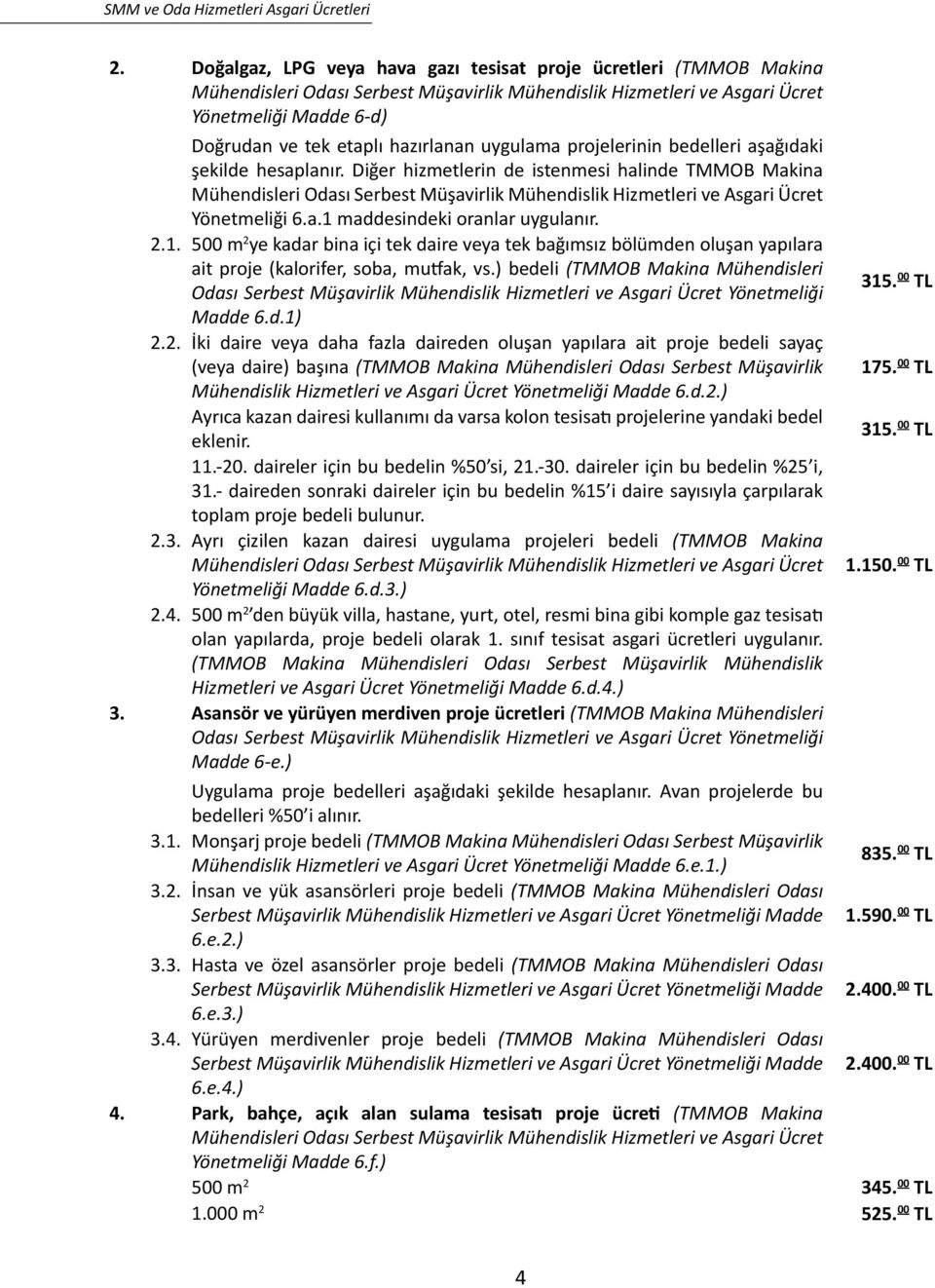 Diğer hizmetlerin de istenmesi halinde TMMOB Makina Mühendisleri Odası Serbest Müşavirlik Mühendislik Hizmetleri ve Asgari Ücret Yönetmeliği 6.a.1 