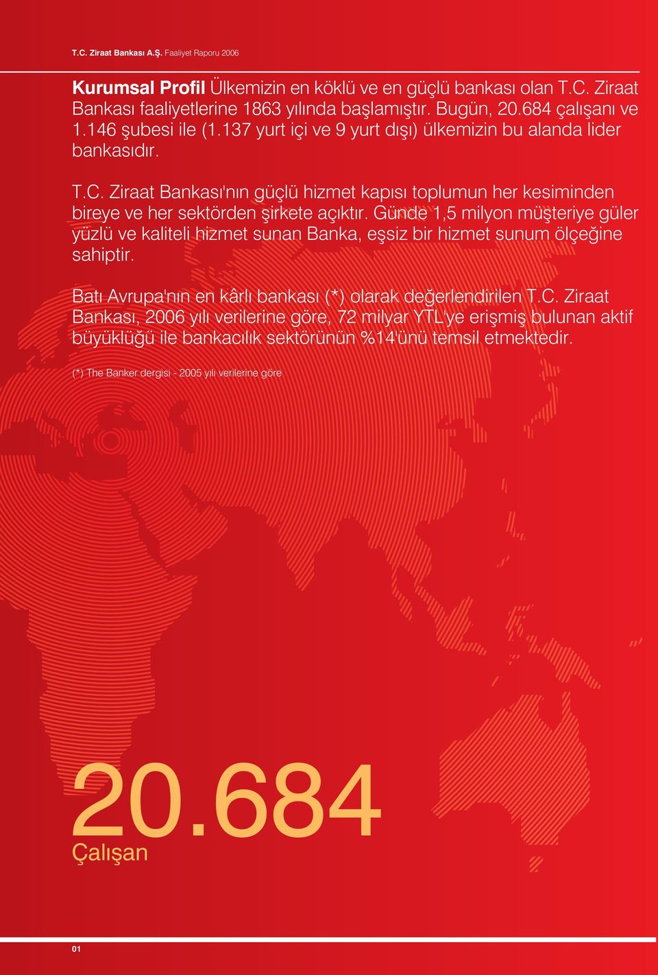 Günde 1,5 milyon müflteriye güler yüzlü ve kaliteli hizmet sunan Banka, eflsiz bir hizmet sunum ölçe ine sahiptir. Bat Avrupa'n n en kârl bankas (*) olarak de erlendirilen T.C.