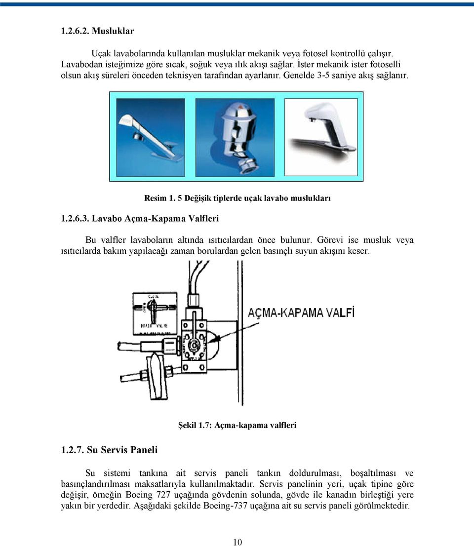 5 Değişik tiplerde uçak lavabo muslukları Bu valfler lavaboların altında ısıtıcılardan önce bulunur.