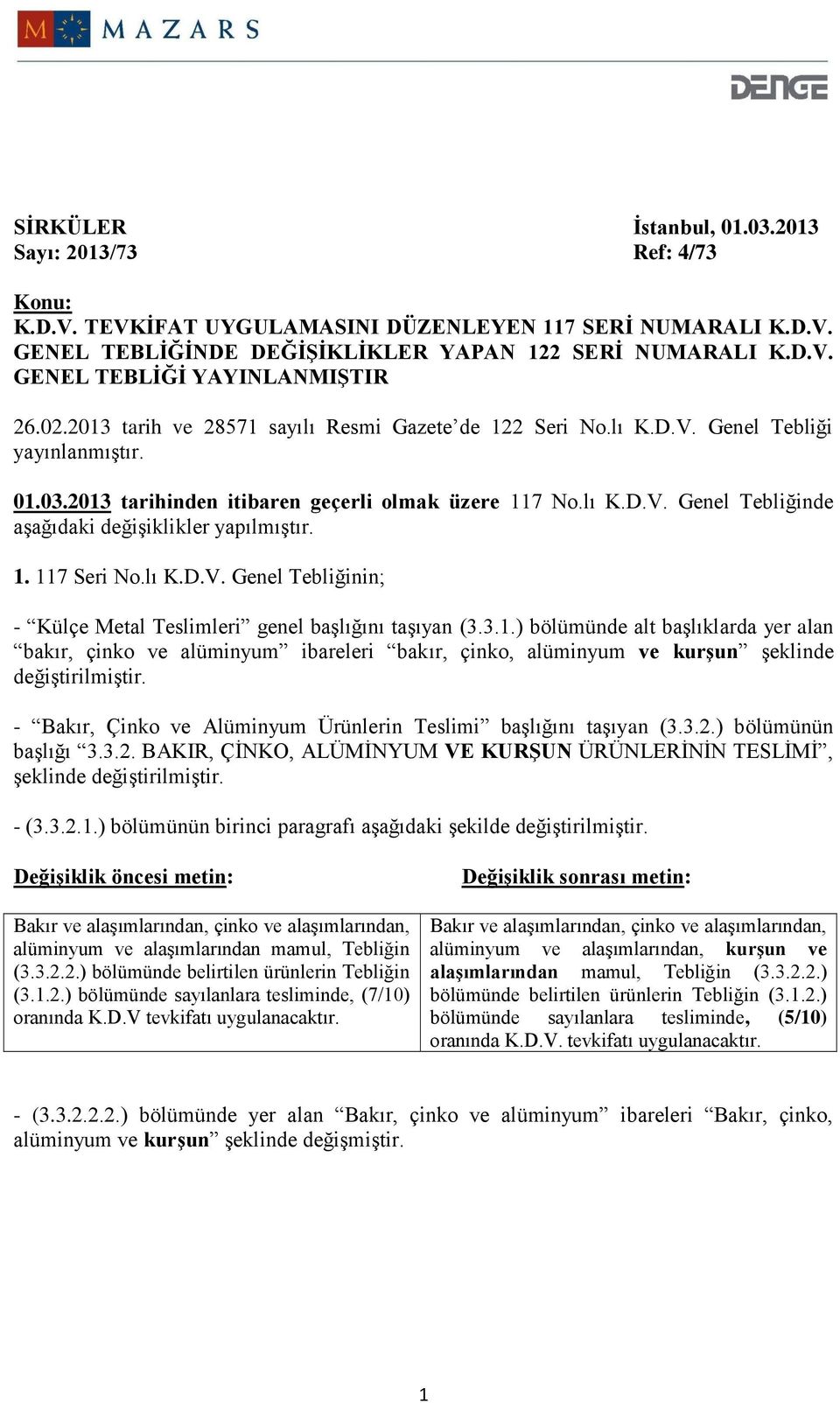 1. 117 Seri No.lı K.D.V. Genel Tebliğinin; - Külçe Metal Teslimleri genel başlığını taşıyan (3.3.1.) bölümünde alt başlıklarda yer alan bakır, çinko ve alüminyum ibareleri bakır, çinko, alüminyum ve kurşun şeklinde değiştirilmiştir.